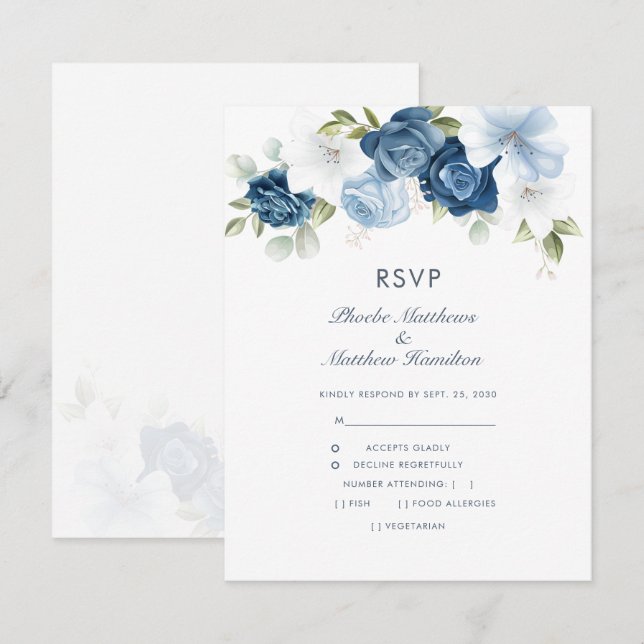 Floral Dusty Blue Modern Botanical RSVP Card (Front/Back)