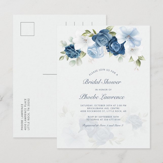 Floral Dusty Blue Modern Bridal Shower Invitation Postcard (Front/Back)