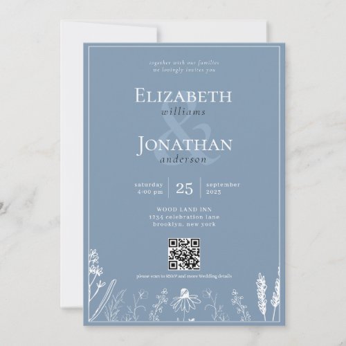 Floral Dusty Blue Monogram Border QR Photo Wedding Invitation