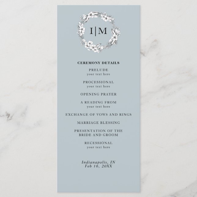 Floral Dusty Blue Monogram Wedding Program (Front)