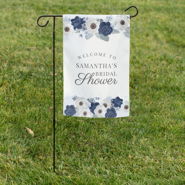 Floral Dusty Blue Navy Botanical Bridal Shower Garden Flag (In SItu)