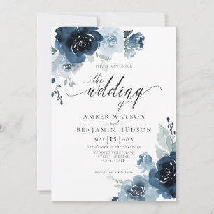 Floral Dusty Blue Navy Flowers Neutral Wedding Invitation