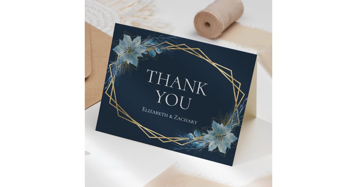 Floral Dusty Blue Navy Gold Winter Wedding Thank You Card | Zazzle