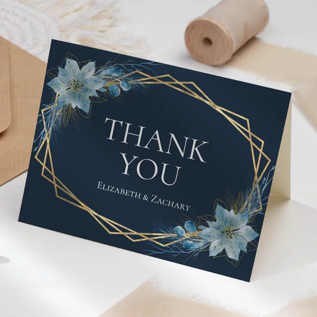 Floral Dusty Blue Navy Gold Winter Wedding Thank You Card | Zazzle