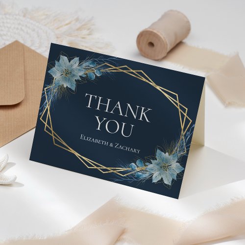 Floral Dusty Blue Navy Gold Winter Wedding Thank You Card