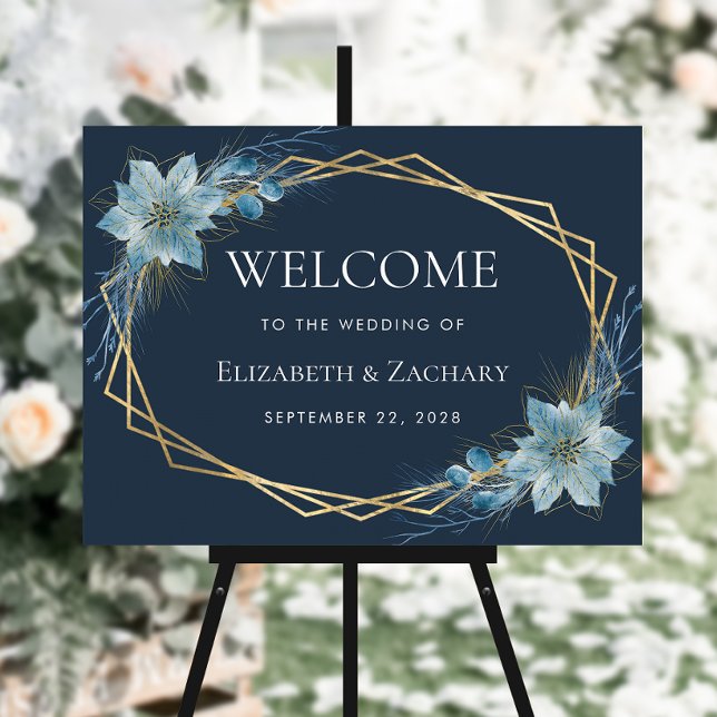Floral Dusty Blue Navy Gold Winter Wedding Welcome Foam Board (Creator Uploaded)