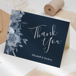 Floral Dusty Blue Navy Wedding Thank You Card