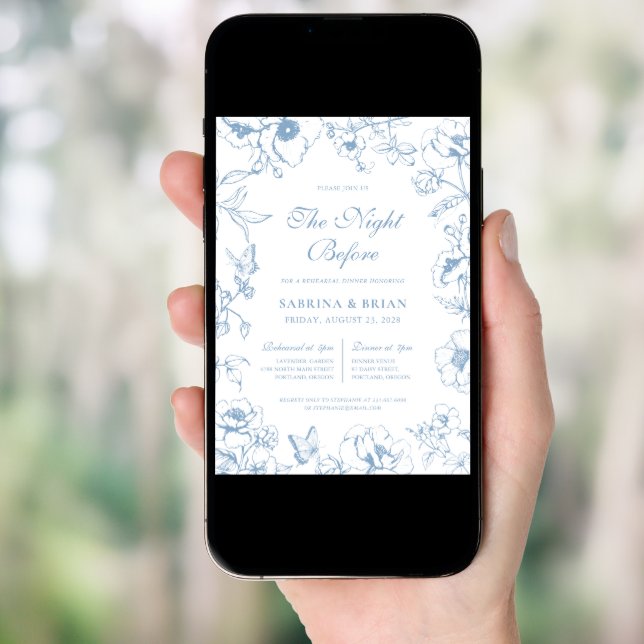 Floral Dusty Blue Night Before Rehearsal Dinner Invitation (Front Digital)