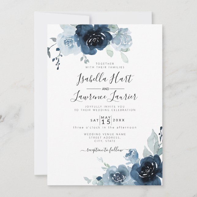Floral Dusty Blue Pastel Navy Slate Wedding Invitation (Front)
