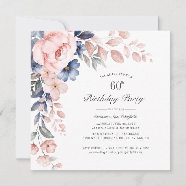 Floral Dusty Blue Pink 60th Birthday Party Invitation (Front)