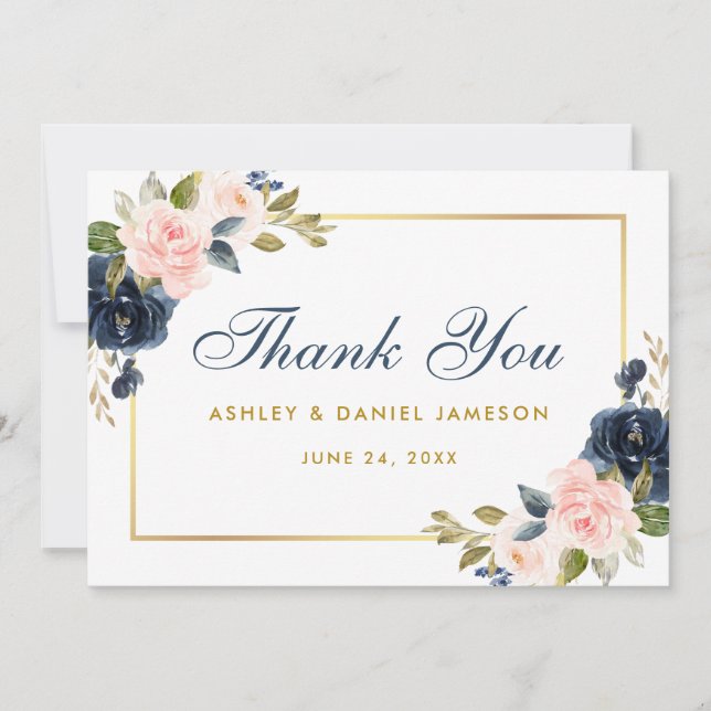 Floral Dusty Blue Pink Blush Wedding Gold Thank You Card (Front)