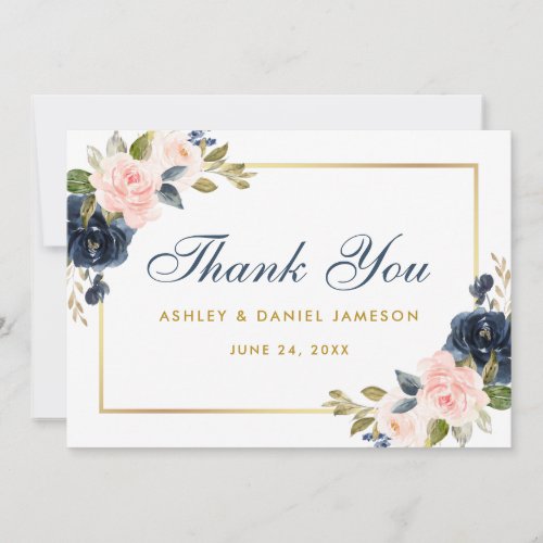 Floral Dusty Blue Pink Blush Wedding Gold Thank You Card