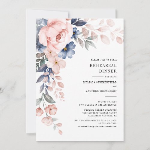 Floral Dusty Blue Pink Flowers Rehearsal Dinner Invitation