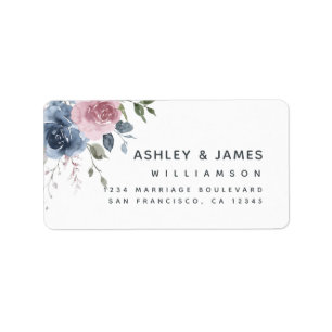 Floral Dusty Blue Pink Rose Script Return Address Label