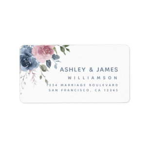 Floral Dusty Blue Pink Rose Script Return Address Label