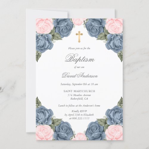 Floral Dusty Blue Pink Roses Gold Cross Baptism Invitation