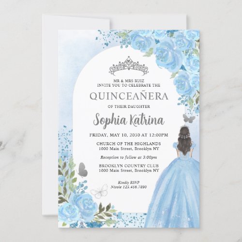 Floral Dusty Blue Princess Birthday Quinceanera Invitation