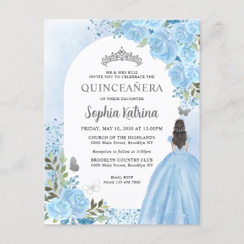 Floral Dusty Blue Princess Birthday Quinceanera Invitation Postcard