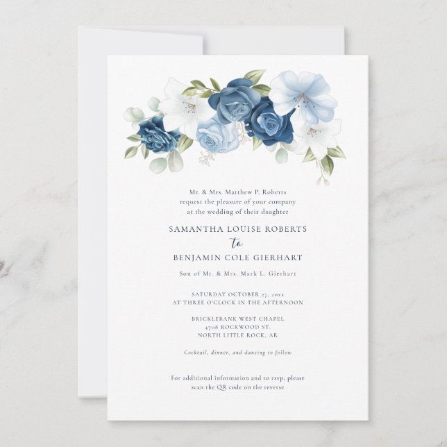 Floral Dusty Blue QR Code All in One Wedding Invitation (Front)