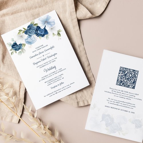 Floral Dusty Blue QR Code All in One Wedding Invitation