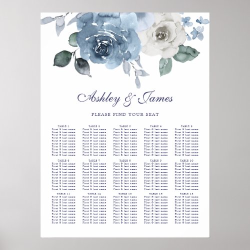 Floral Dusty Blue Rose Wedding Seating Chart