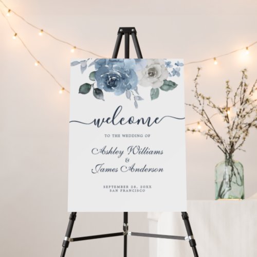 Floral Dusty Blue Rose Wedding Welcome Sign