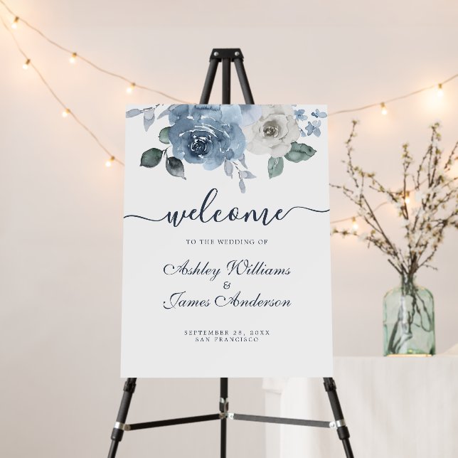 Floral Dusty Blue Rose Wedding Welcome Sign (In Situ (Stand))