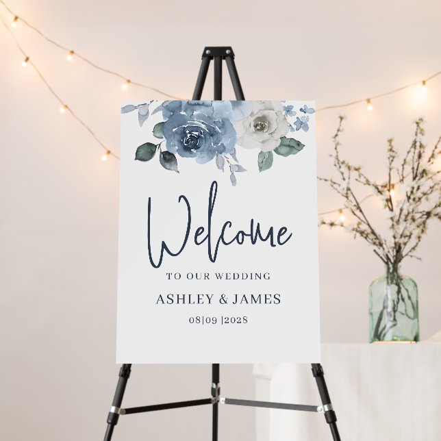 Floral Dusty Blue Rose Wedding Welcome Sign (In Situ (Stand))