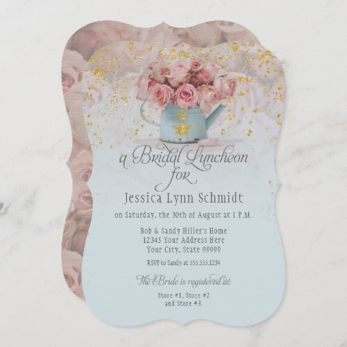  Floral Dusty Blue Roses Gold Bridal Luncheon Invitation