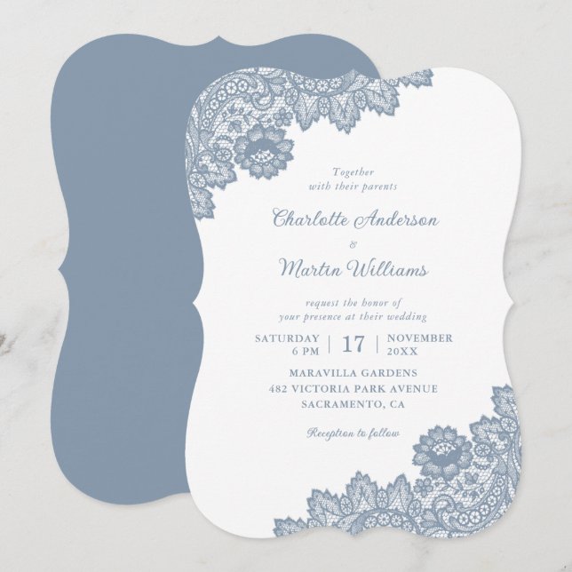 Floral Dusty Blue Rustic Lace Wedding Invitation (Front/Back)