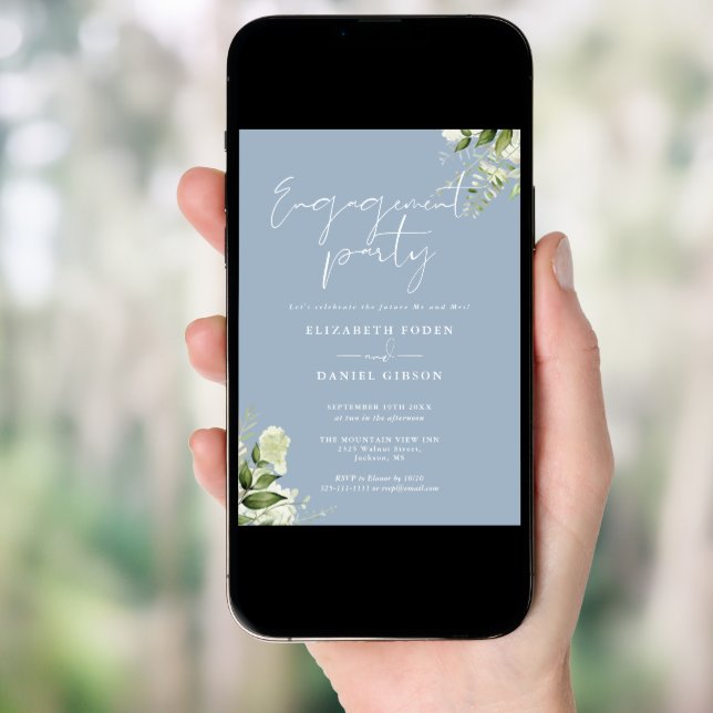 Floral Dusty Blue Script Engagement Party Invitation (Front Digital)