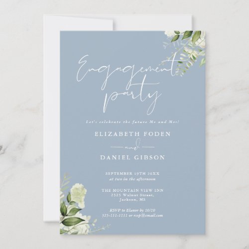 Floral Dusty Blue Script Engagement Party Invitation