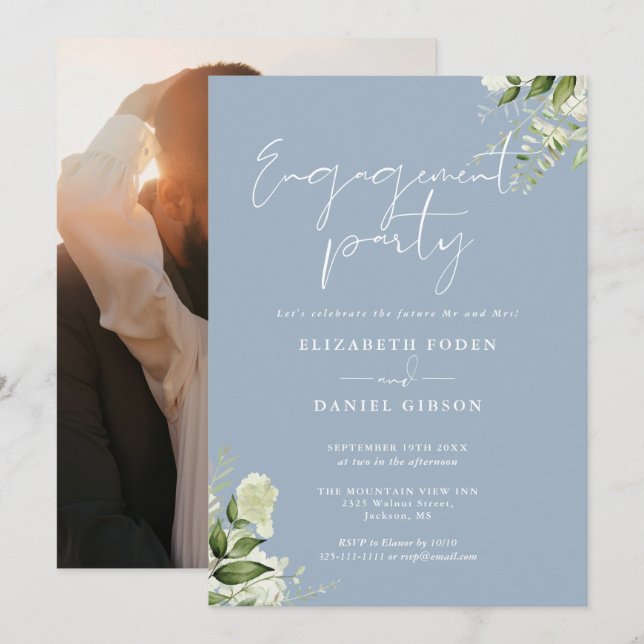 Floral Dusty Blue Script Photo Engagement Party Invitation (Front/Back)