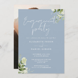 Floral Dusty Blue Script Photo Engagement Party Invitation