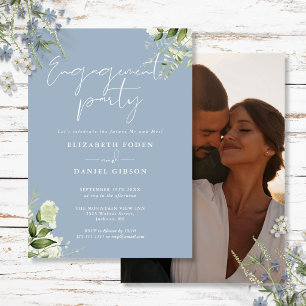 Floral Dusty Blue Script Photo Engagement Party Invitation
