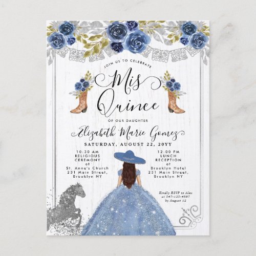 Floral Dusty Blue Silver Charra Horse Quinceanera Invitation Postcard