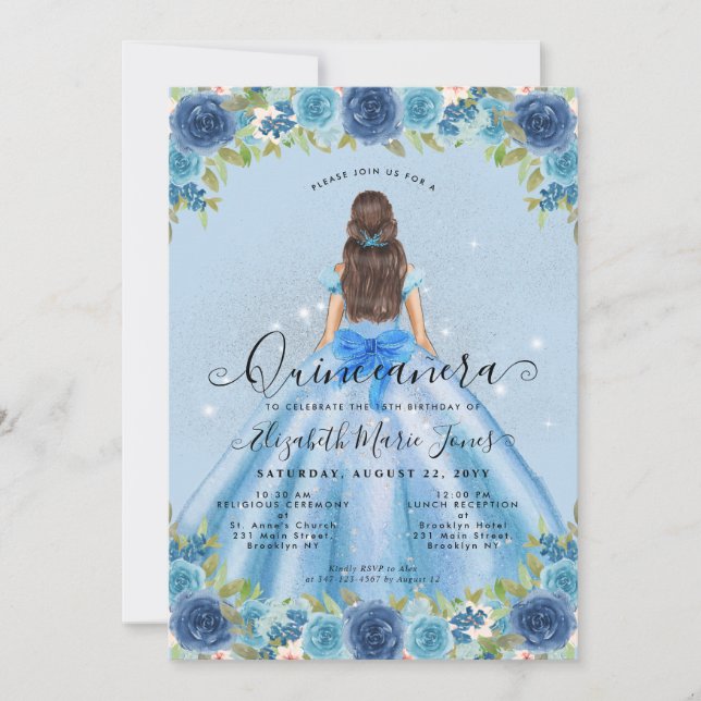 Floral Dusty Blue Silver Glam Princess Quinceanera Invitation (Front)