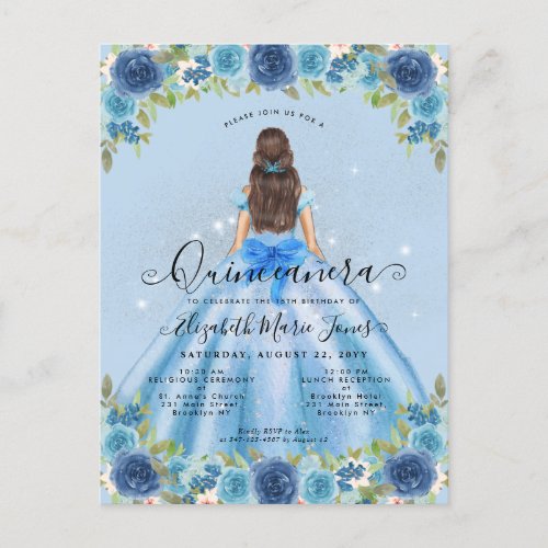 Floral Dusty Blue Silver Glam Princess Quinceanera Postcard