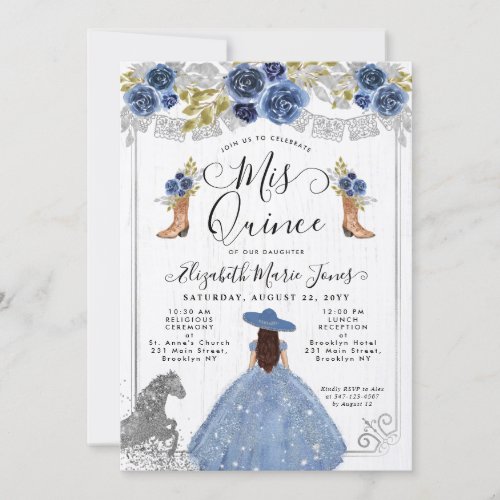 Floral Dusty Blue Silver Horse Charra Quinceanera Invitation