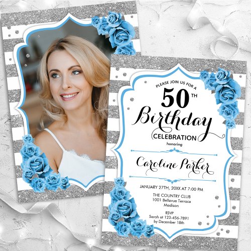 Floral Dusty Blue Silver Photo 50th Birthday Invitation