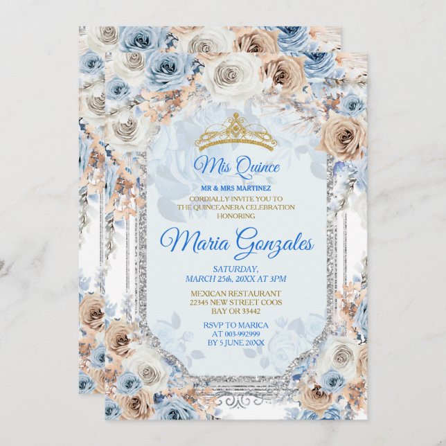 Floral Dusty Blue Spanish Girl Sweet 15th Birthday Invitation (Front/Back)