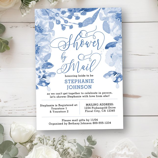 Floral Dusty Blue Virtual Bridal Shower by Mail Invitation (Long Distance Invitation from my Dusty Blue Watercolor Floral Bridal Shower)
