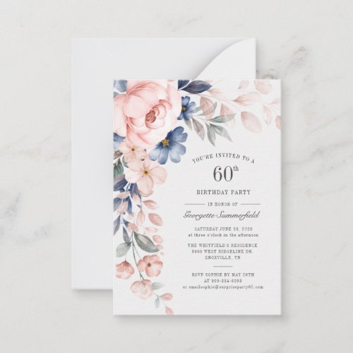 Floral Dusty Blue Watercolor 60th Birthday Invite