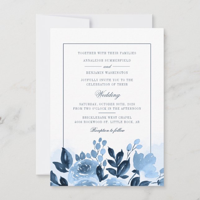 Floral Dusty Blue Watercolor Blush Wedding Invitation (Front)