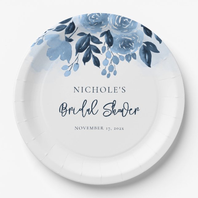 Floral Dusty Blue Watercolor Bridal Shower Paper Plates (Front)