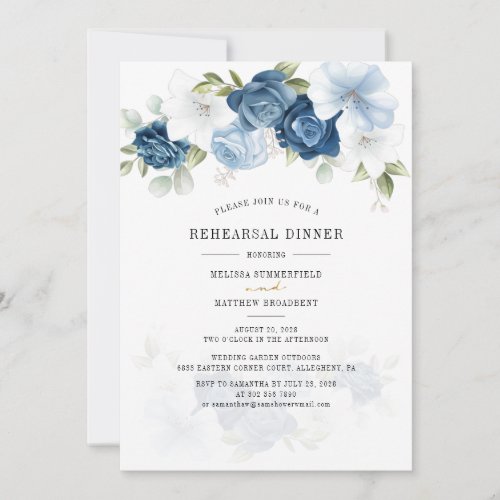 Floral Dusty Blue Watercolor Rehearsal Dinner Invitation