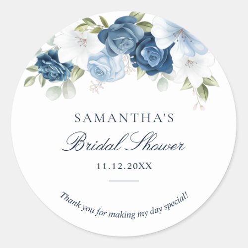 Floral Dusty Blue Watercolor Script Bridal Shower Classic Round Sticker