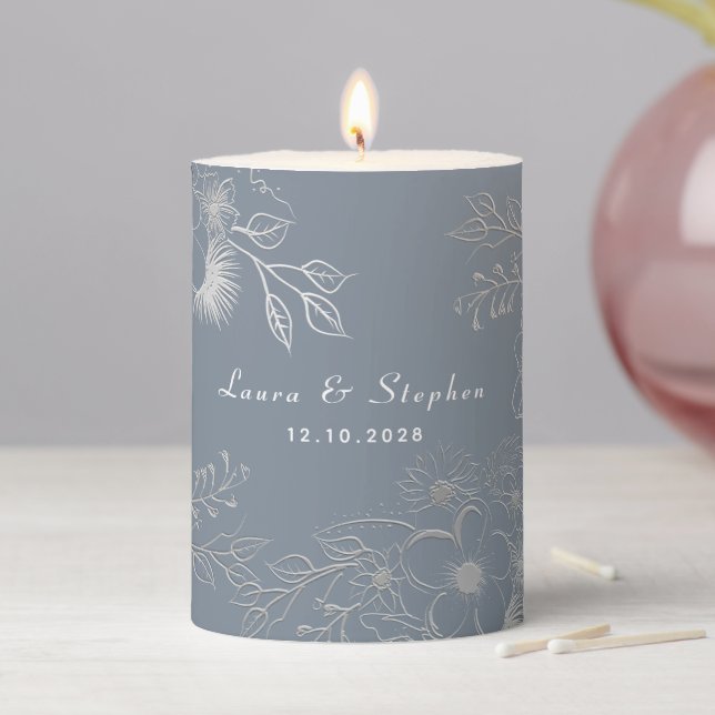 Floral Dusty Blue Wedding Pillar Candle (In Situ)