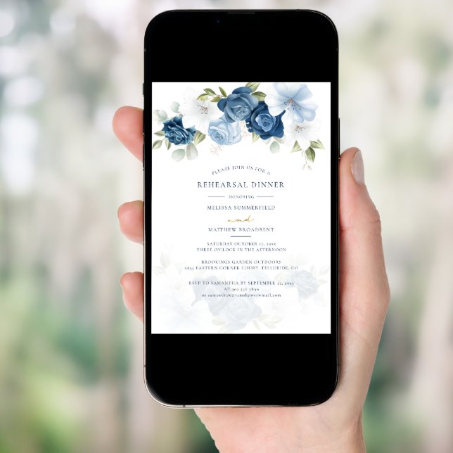 Floral Dusty Blue Wedding Rehearsal Dinner Invitation (Front Digital)