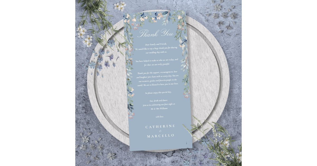 Floral Dusty Blue Wedding Thank You Place Card | Zazzle